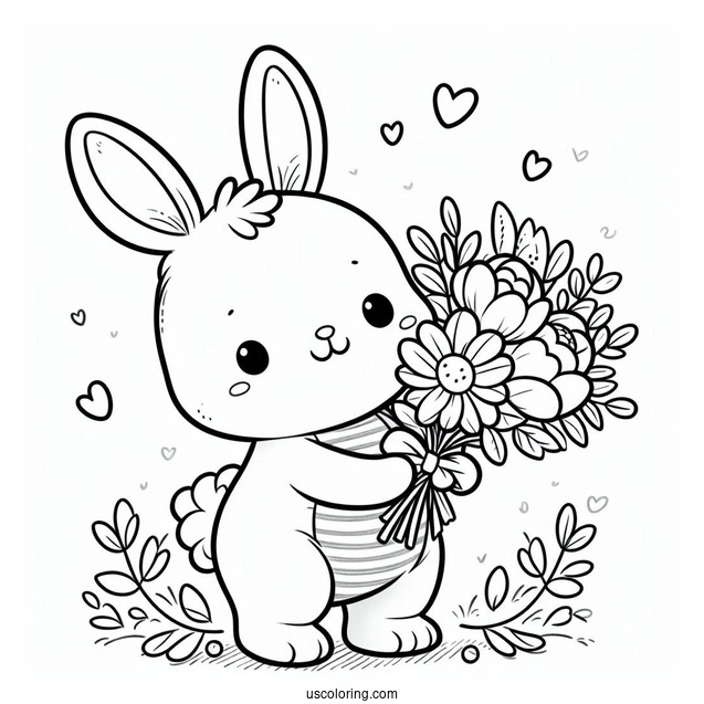 Happy Easter Bunny Coloring Page Holding Flower Bouquet For Kids