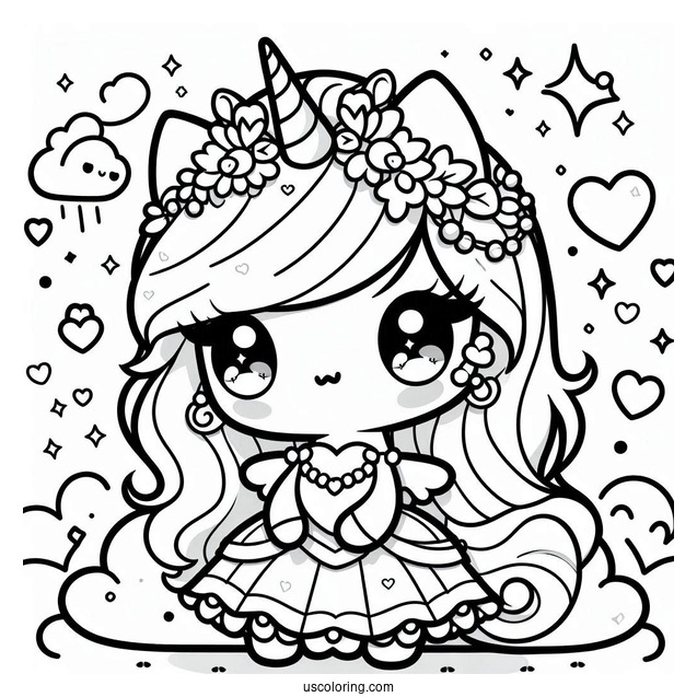 Chibi Unicorn Princess With Love Hearts And Sparkles Coloring Page
