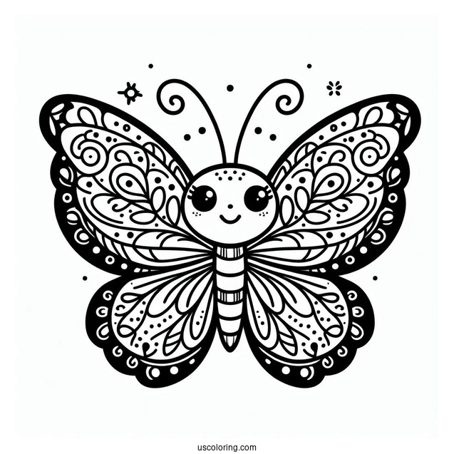 Simple Smiling Butterfly Coloring Page With Detailed Wings