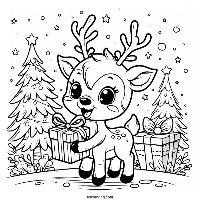 Happy Reindeer Holding a Christmas Gift To Color