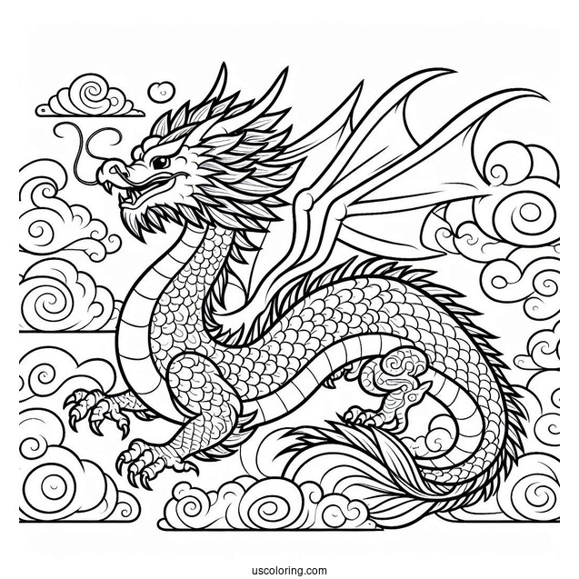 Mushu Dragon With Cloudy Sky Background Coloring Page For Kids