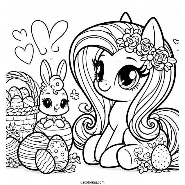 Coloring Sheet of Fluttershy With Easter Eggs and Bunny