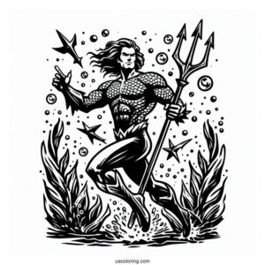 Aquaman Holding Trident Underwater Coloring Sheet