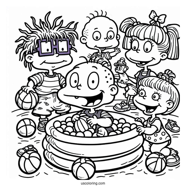 Rugrats Coloring Page Of Tommy, Chuckie, Angelika, Susie, And Dil In Ball Pit