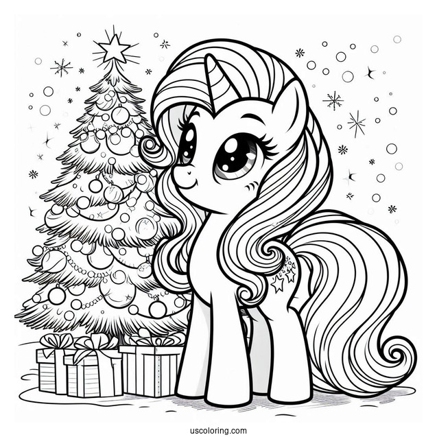 Coloring Page of My Little Pony In Front Of Christmas Tree