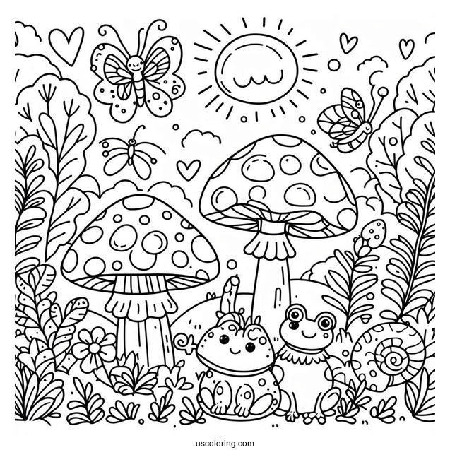 Cute Coloring Page Landscape With Mushrooms And Frogs