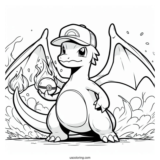 Charizard With Ash Coloring Page For Kids