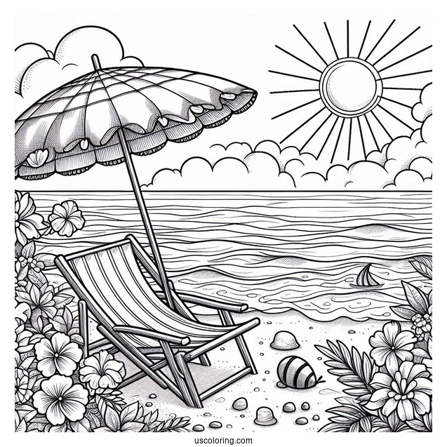 Beach Coloring Page Chair And Umbrella Facing The Sea