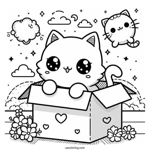 Kawaii Cat In Box Coloring In