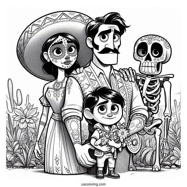Pixar Coloring Page of Hector, Coco, And Dante In The Land Of The Dead