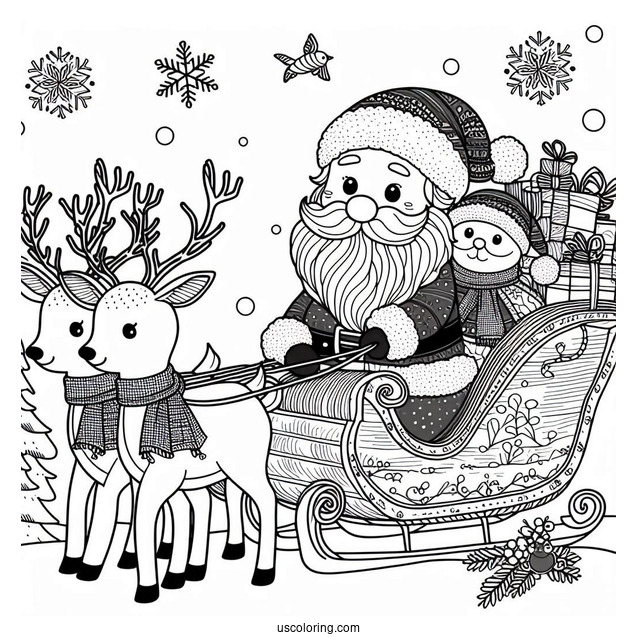 Santa In His Sleigh With Reindeer To Color