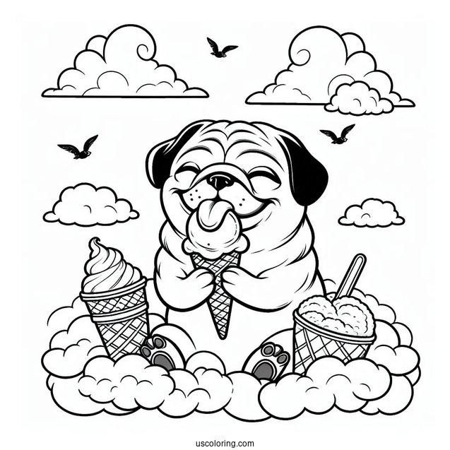 Pug Coloring Page Enjoying Ice Cream Cone In The Clouds for Kids