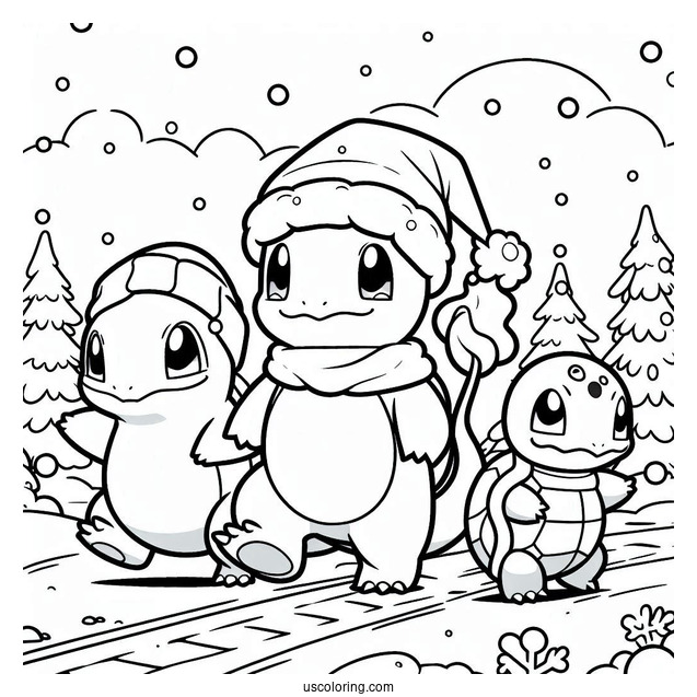 Pokemon Christmas Coloring Page Charmander, Bulbasaur, And Squirtle Walking In The Snow For Kids