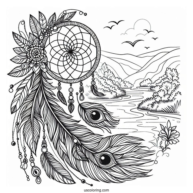 Dreamcatcher With Peacock Coloring Page Feathers Over River Landscape