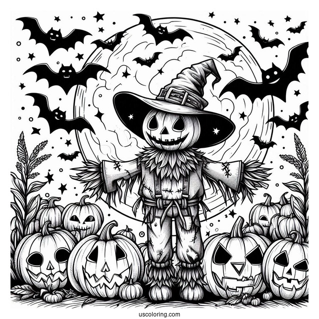 Scary Scarecrow Coloring Page Surrounded By Jack O Lanterns And Bats