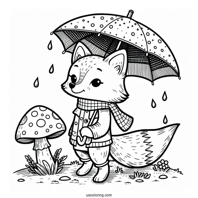 Fox Coloring Page In A Raincoat With Umbrella Standing On A Mushroom