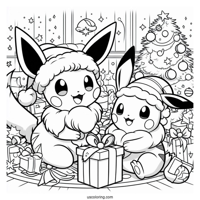 Pokemon Christmas Coloring Page Christmas Eevee And Pikachu Opening Presents
