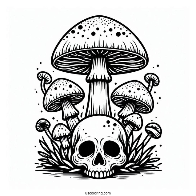 Mushroom Coloring Page Growing Around A Skull
