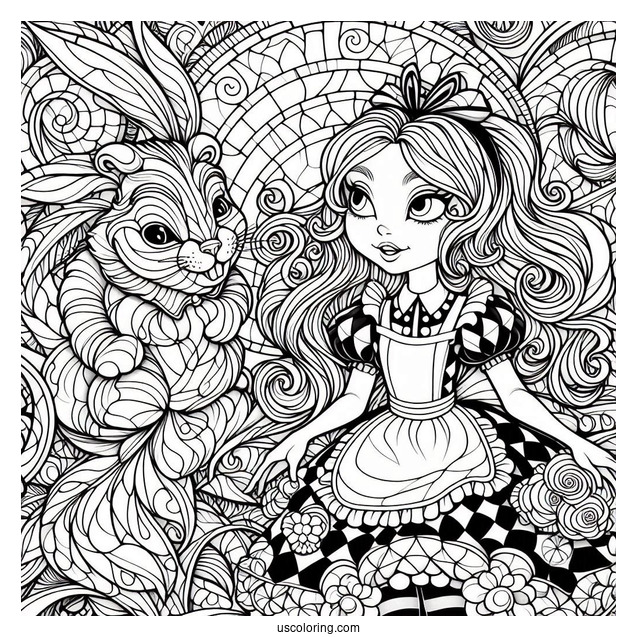 Alice In Wonderland With The Rabbit And The Cheshire Cat Stained Glass Coloring Page