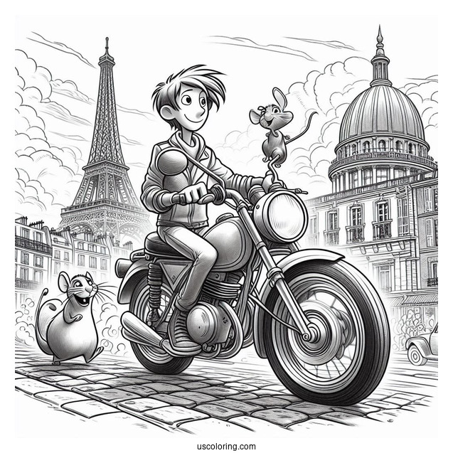 Colette, Alfredo, And Ratatouille Coloring Page Riding A Motorcycle In Paris