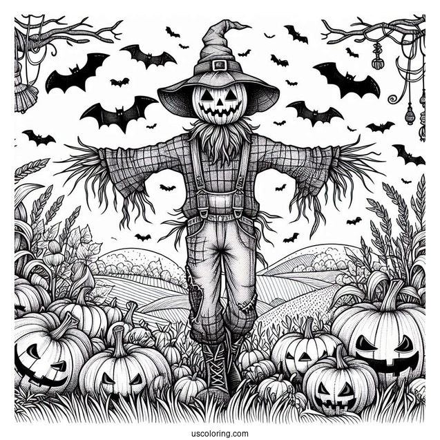 Scary Scarecrow Coloring Page Surrounded By Jack O Lanterns And Bats