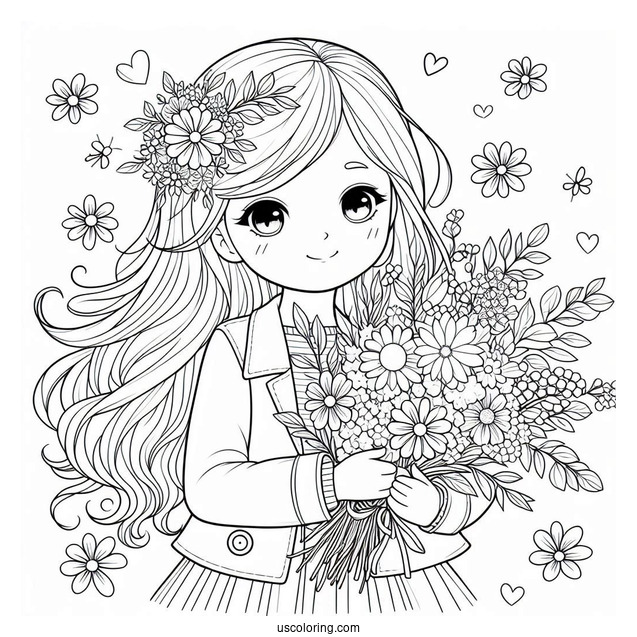 Pretty Little Girl Holding A Flower Bouquet In Spring Coloring Page For Kids