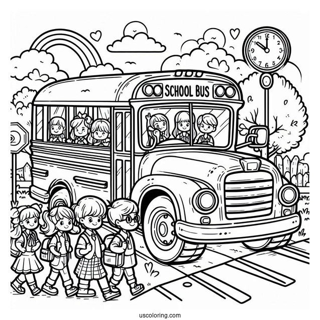Cartoon School Bus With Students And Driver