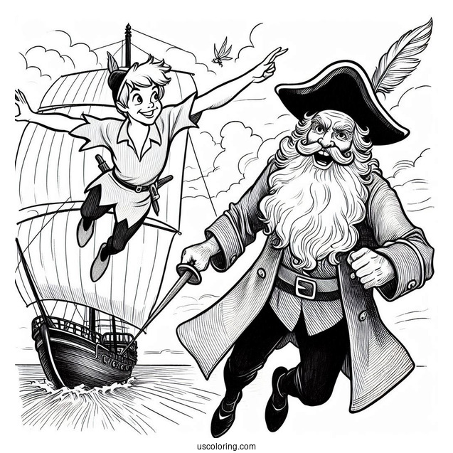 Peter Pan Flying Over Scared Captain Hook Coloring In