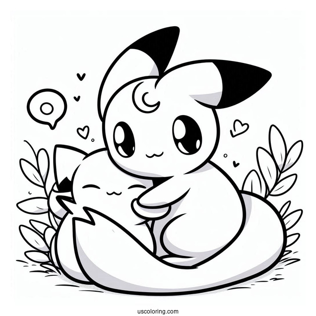 Kawaii Umbreon Hugging Mew Coloring Page For Kids