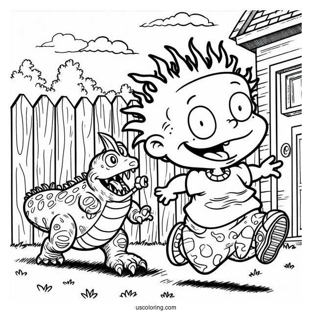 Rugrats Coloring Page Of Spike Running In Backyard With Toy Reptar
