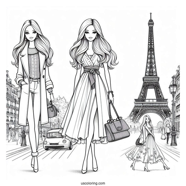 Fashionable Barbie Walkng In Paris Coloring Sheet
