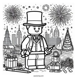 New Year Coloring Page Of Lego Gentleman With City And Fireworks Behind Him For Kids