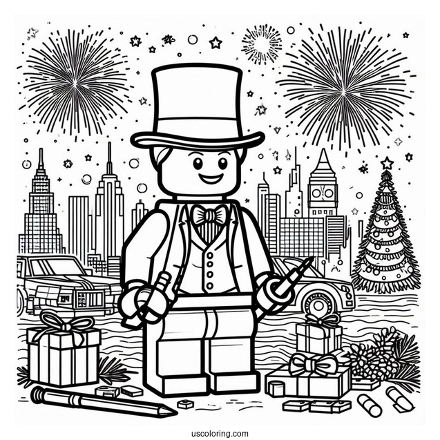 New Year Coloring Page Of Lego Gentleman With City And Fireworks Behind Him For Kids