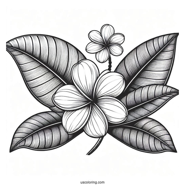 Flower Coloring Pages Of Plumerias On Large Leaves