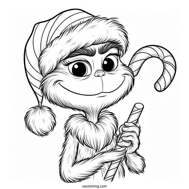 Grinch Holding A Candy Cane Coloring Page On Christmas Day