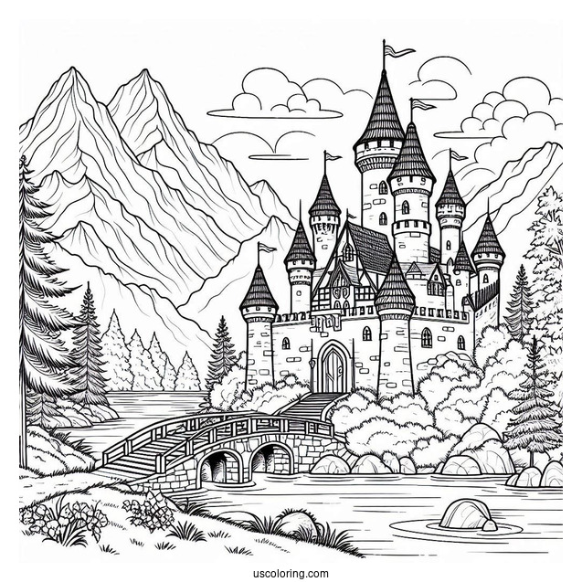 Castle Coloring Page With Moat In The Mountains