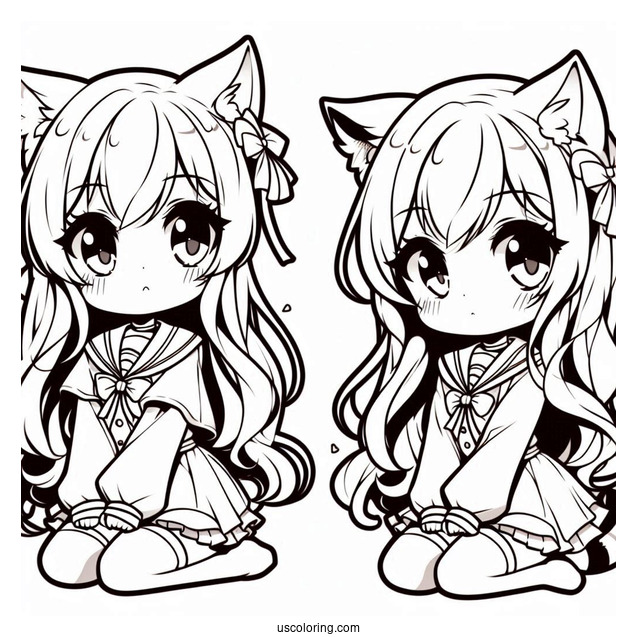 Serious Chibi Girl With Cat Ears And Tail Coloring Sheet