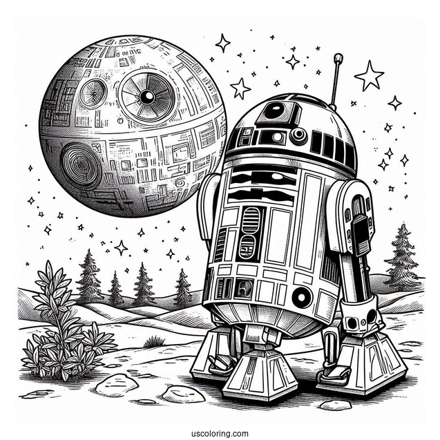 R2-D2 Coloring Page With Wall E On The Moon For Kids