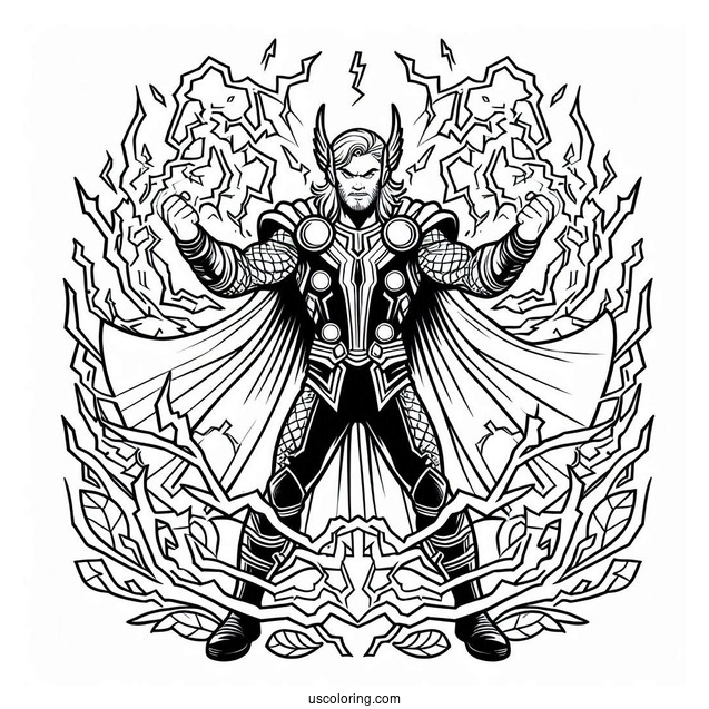 Coloring Page Of Thor Surrounded By Lightning
