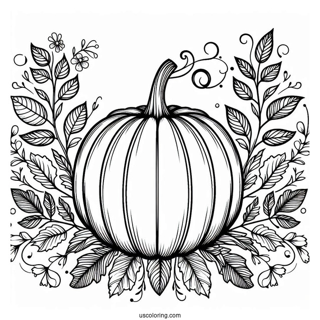Pumpkin Coloring Page With Vines And Fall Leaves