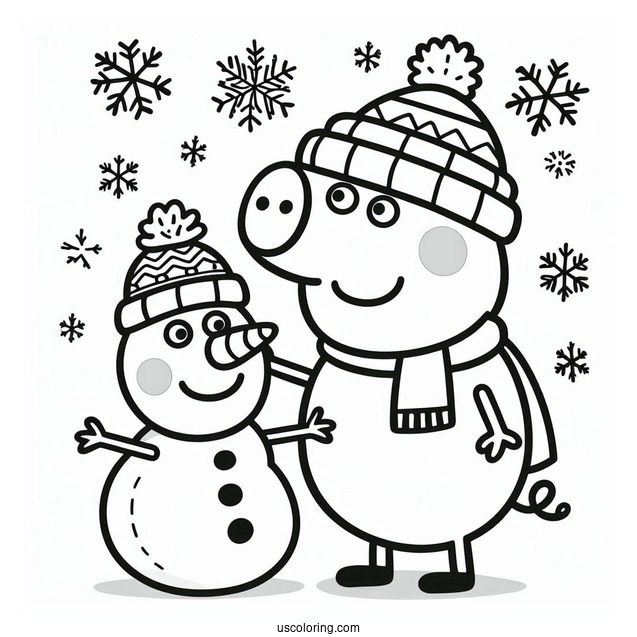 Peppa And George With Snowman Coloring Sheet