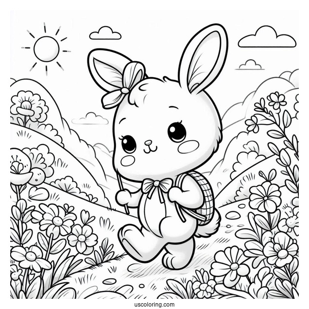 Cute Coloring Page Rabbit Hiking On A Flower Field