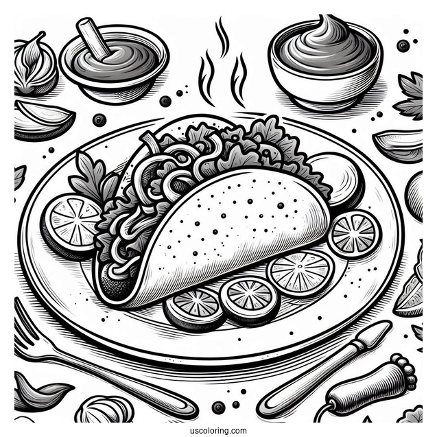 Taco Coloring Page On A Plate With Salsa