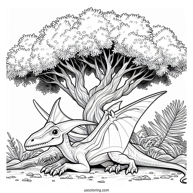 Pterodactyl Coloring Page Resting Beside Tree
