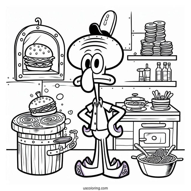 Squidward Coloring Page In The Krusty Krab Kitchen
