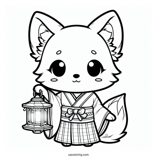 Adorable Chibi Fox Coloring Page In A Kimono Holding A Lantern For Kids