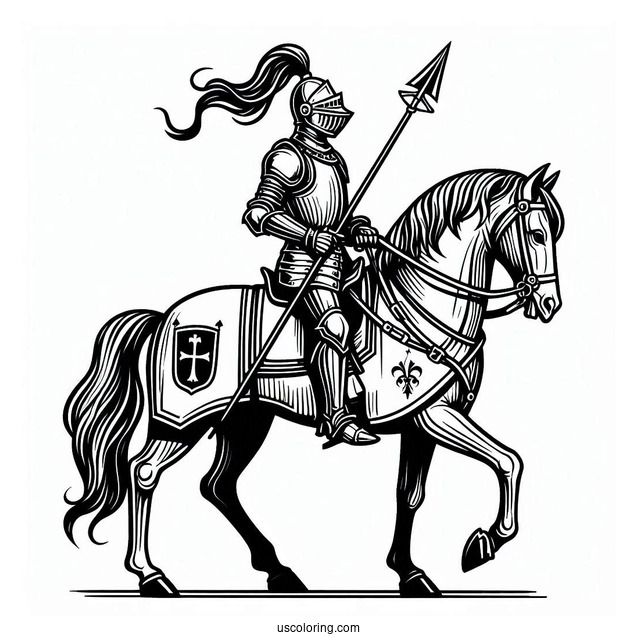 Knight On Horse Carrying A Lance Coloring Sheet