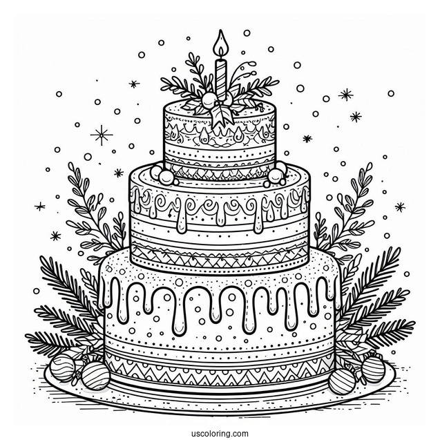 Detailed Christmas Tiered Cake Coloring Page