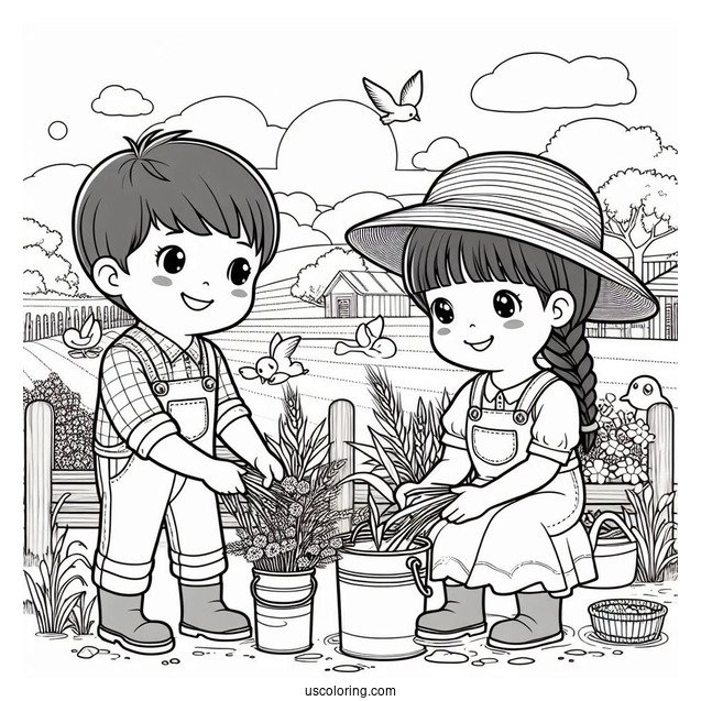 Two Children Working On Farm To Color