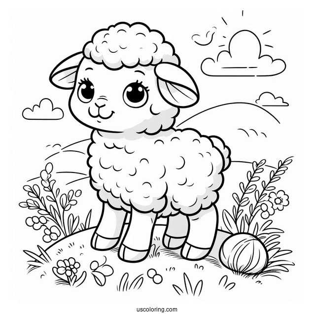 Cute Baby Lamb On Country Side Coloring